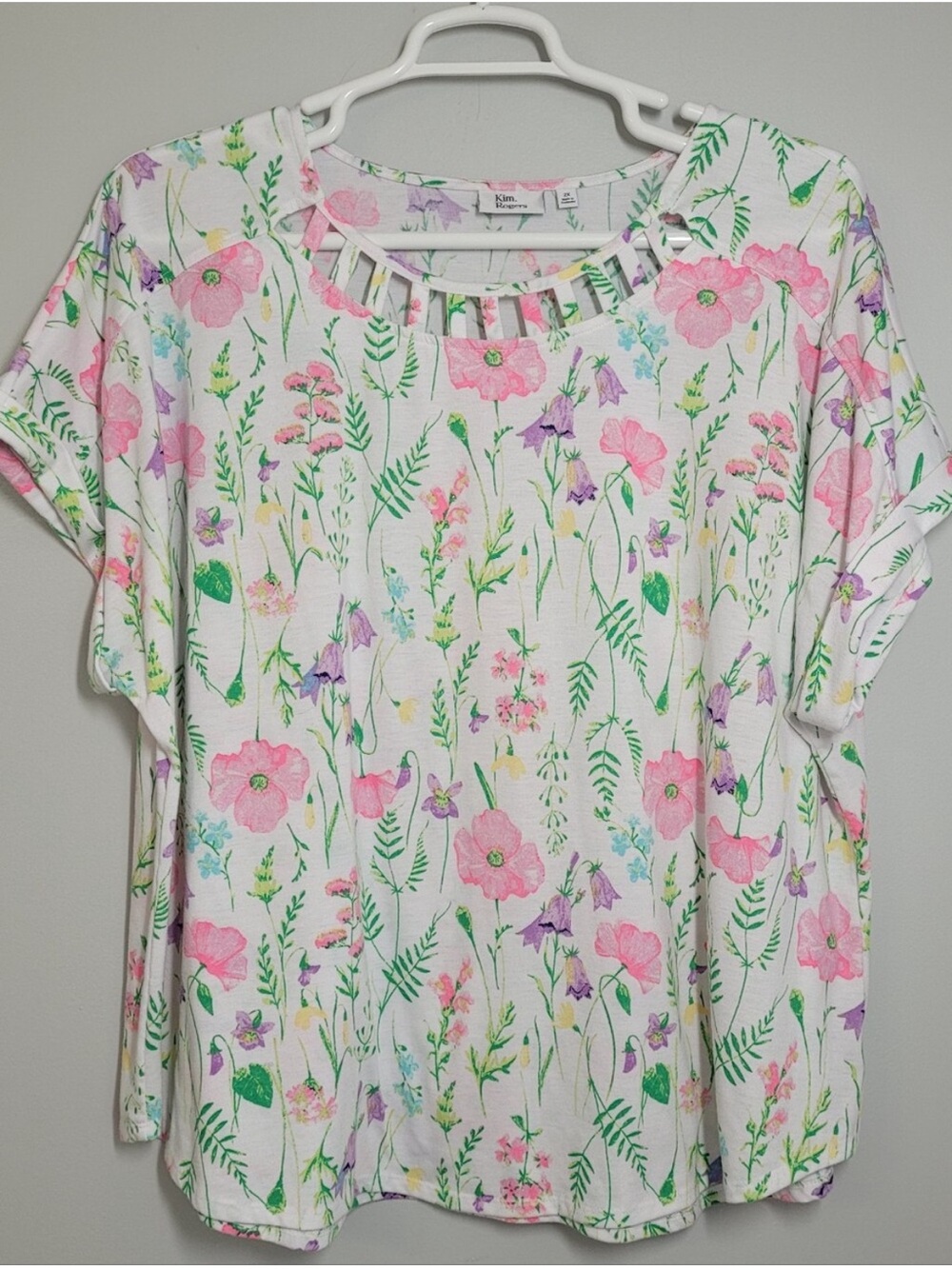 Kim Rogers White Floral Cutout Neck Short Sleeve Top - Pink & Green Print